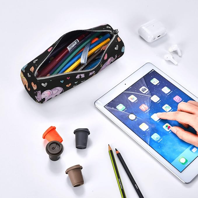OSAM SPACE Leather Pencil Case Round Pencil Bag Cute Elephants Pen Organizer Holder Portable Zipper Pouch Cute School Supplies for Girls Boys Study Office