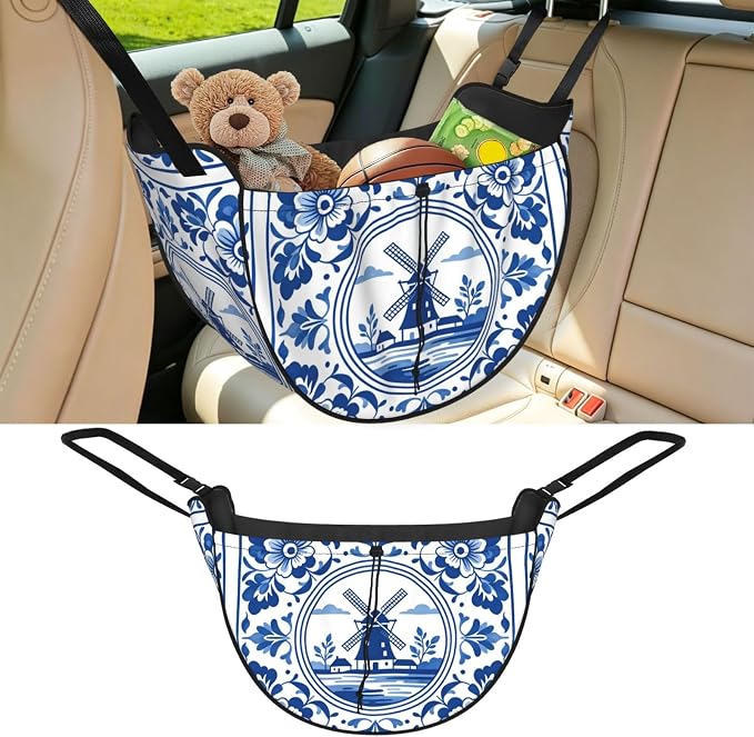 Delft Blue Car Seat Organizer-Backseat Storage Bag for Travel | Waterproof Durable. Holds Snacks Gear Essentials. Fits Most Cars.