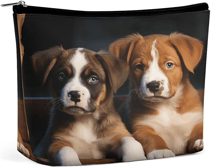 Puppies Dogs Pets Animals Cosmetic Bag for Women Small Cute Makeup Bag for Purse Waterproof Pu Leather Mini Makeup Pouch Aesthetic Portable Fabric Mini Zipper Pouch for Travel