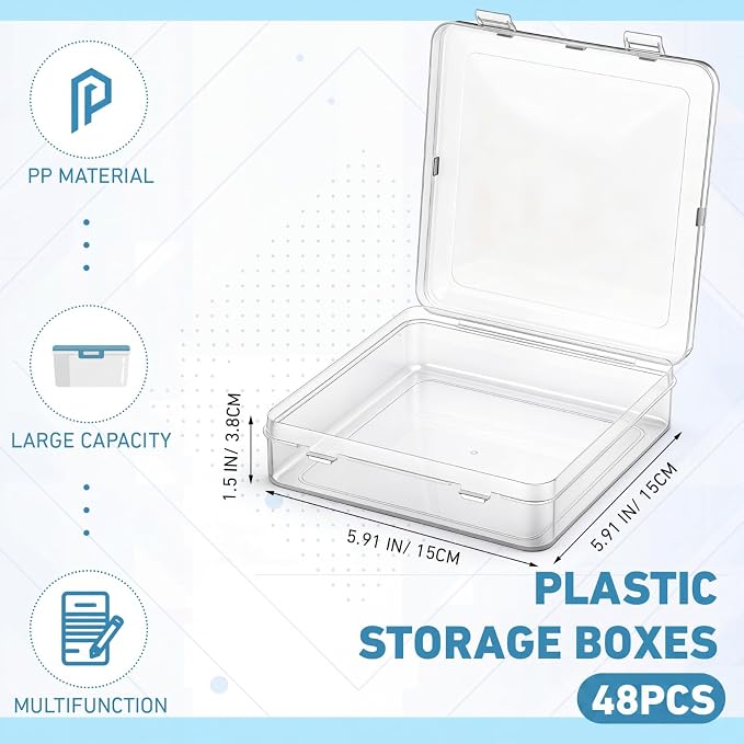 SATINIOR 48 Packs Clear Small Plastic Containers Transparent Storage Box with Hinged Lid for Small Items Crafts Jewelry (5.91 x 5.91 x 1.5 Inches)
