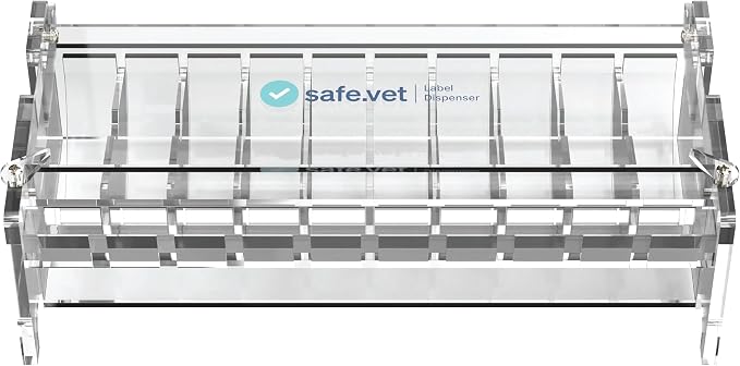 Veterinary Syringe Label Dispenser by Safe Vet | Countertop Injectable & Pharmacy Label Organizer for Vet Clinics, ICU, Surgery & Anesthesia (10 Slots)