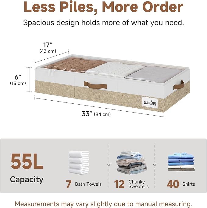 StorageWorks 6 Inch Low Profile Under Bed Storage Containers with Clear Lid | Reinforced Structure, Resists Sagging, Handles & Label Holder, Foldable Stackable Closet Storage for Clothes, Blankets, Toys