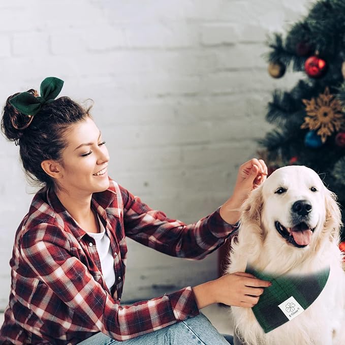 E-Clover Christmas Green Dog Bandanas Matching Dog Bandana and Scrunchie | Green Plaid Dog Bandana Matching Dog and Owner Clothes Dog Mom Gifts Dog Bandanas Girl Boy