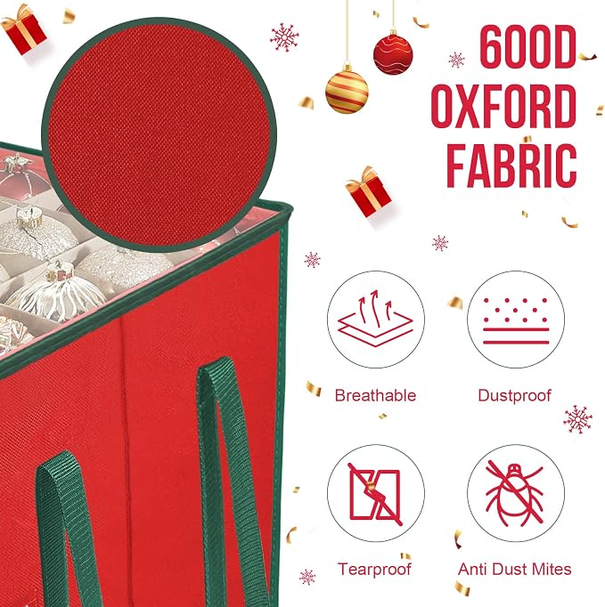 Christmas Ornament Storage Box,5 Tier Holds Up to 100-3” Holiday Décor | Xmas Ornament Organizer Container,Adjustable Dividers,Organizer Bin to Protect and Store Holiday Décor , 600D Oxford Fabric