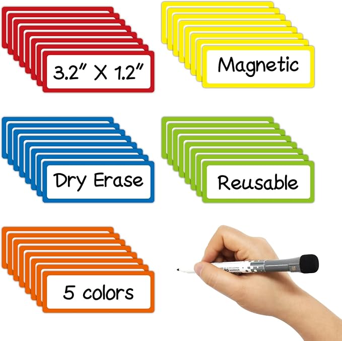 Colored Border Dry Erase Magnetic Labels 3.1x1.2 Inch, Reusable Magnetic Dry Erase Labels for Classroom Office Whiteboards，Pack of 40