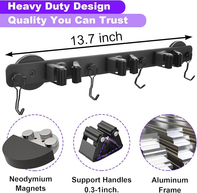 Heavy Duty Magnetic Mop Broom Holder with Swivel Hooks | Strong Magnet Mount Tool Hanger Organize System Utility Rack for Refrigerators Laundry Garage Kitchen