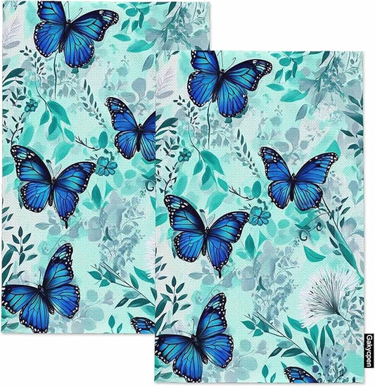 Blue Floral Butterflies Waffle Kitchen Dish Cloths Beautiful Butterfly Green Flowers Ultra Soft Absorbent Quick Drying Dish Towels 16 X 24 Inches Set of 2