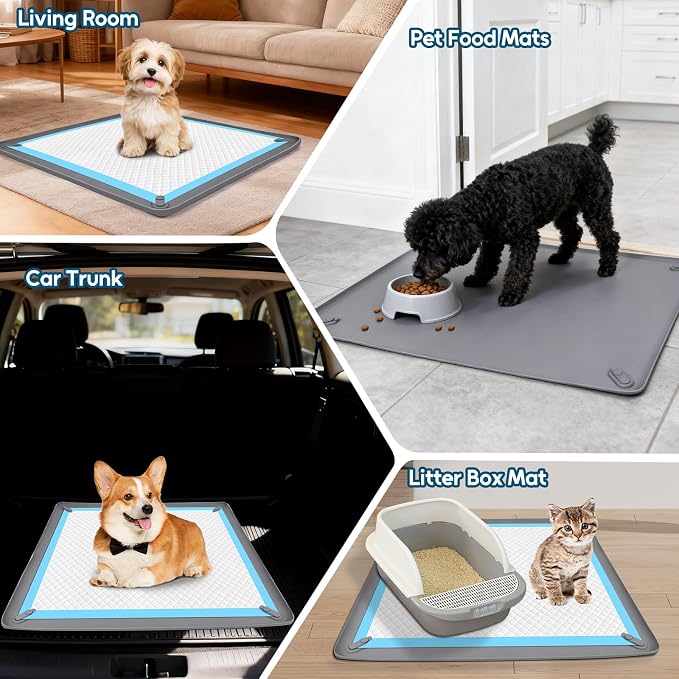 Pee Pad Holder for Small Dogs, 24" x 24" Dog Puppy Pee Pad Holder, Gray | Non-Slip Silicone Tray with 4 Magnetic Clips for Training, No Spill Raised Lip High Edge for Indoor Floor Protection