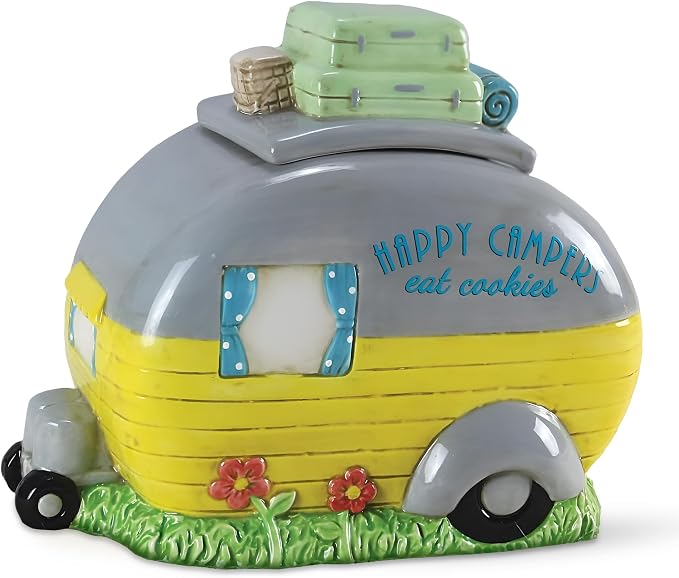 Young's Inc Ceramic Happy Campers Cookie Jar for Kitchen Counter, RV, Camper & Cabin Decor, Rustic Woodland Cookie Storage Container with Lid, 9.5 x 5.75 x 7.5 Inch