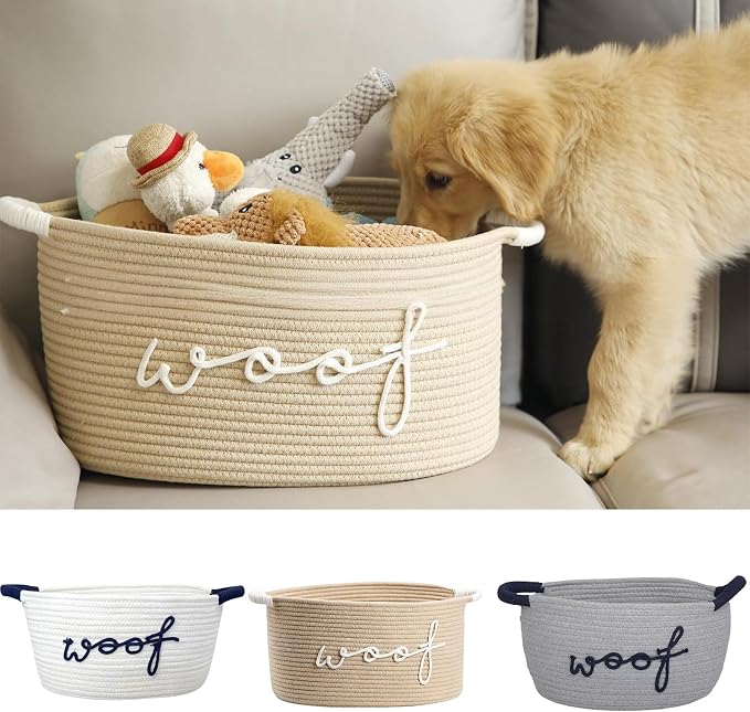 Hand Woven Cotton Rope Dog Toy Storage Basket Featuring Animal Patterns and Strong Handles for Pets