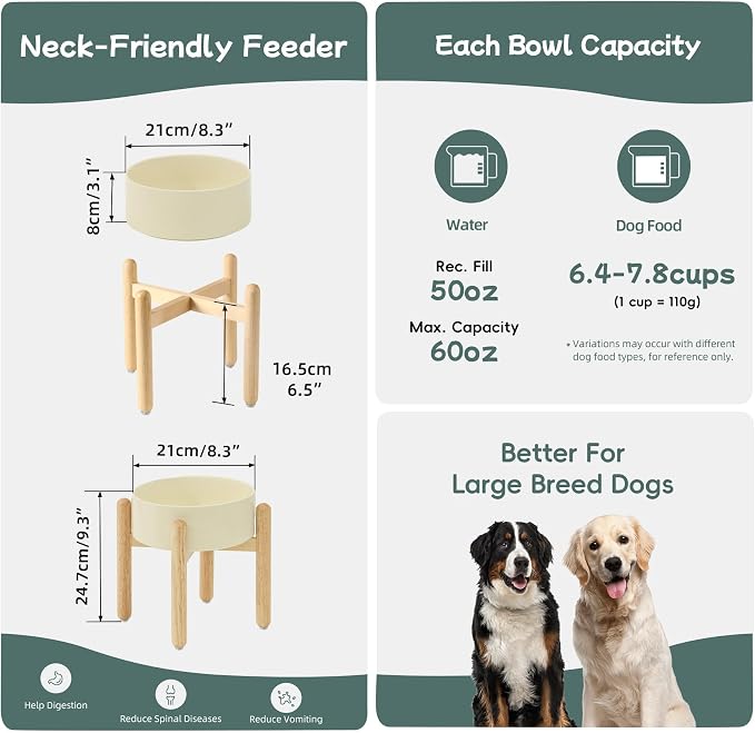 Havniva Ceramic Dog Bowls Elevated, Raised Dog Food Bowl for Large Dogs | 8.3” Elevated Dog Bowls, Non-Slip Wood Stand, Dog Food and Water Bowl Set, Dog Feeding Dish, Large Capacity Pet Water Bowl