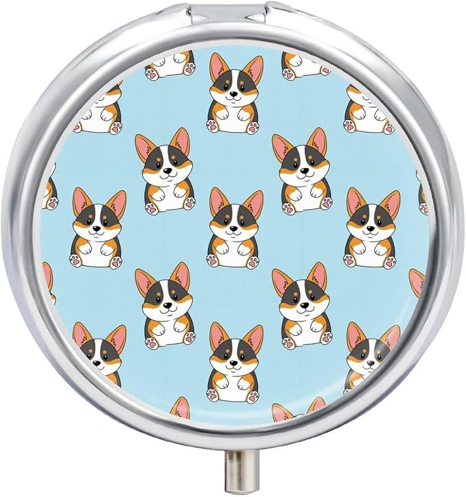 Round 3 Compartment Travel Pill Box Cute Corgi Tricolor Dog Art, Portable Pill Holder for Purse Outdoor Picnic Vitamin Storage