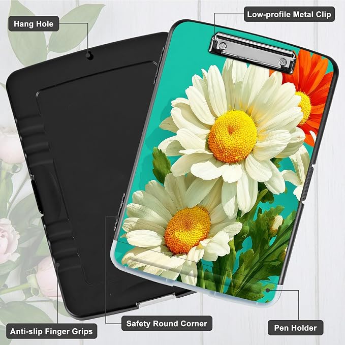 A4 Clipboard with Storage Pen Holder, Clipboards Organizer Nursing Clipboard Foldable File Folder Plastic Clipboard Folio Clip Board for Office Work Classroom Doctor, White Daisy