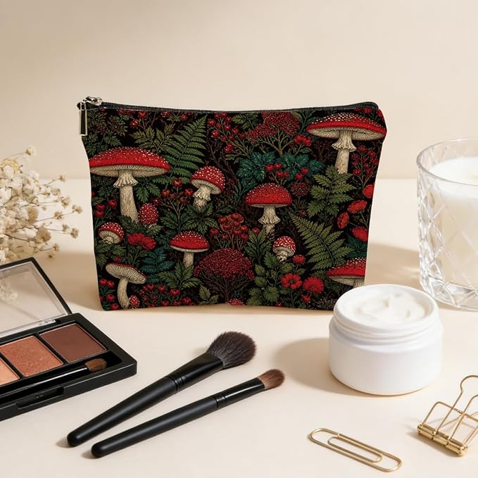 JIUWEIHU Vintage Red Mushroom Makeup Bag Forest Cottagecore Cosmetic Bag | Mushroom Gifts Travel Toiletry Bags for Women Girls Friends Sisters Wife Christmas Friendship Graduation Birthday Gifts