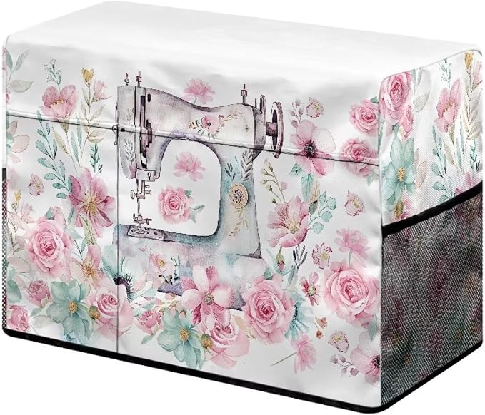 Sewing Flower Sewing Machine Cover with Storage Pockets,Dust & Pet Hair Protection,Fits Standard Singer, Brother and Janome Machines, Protecting & Decorating Your Sewing Space (Pink)