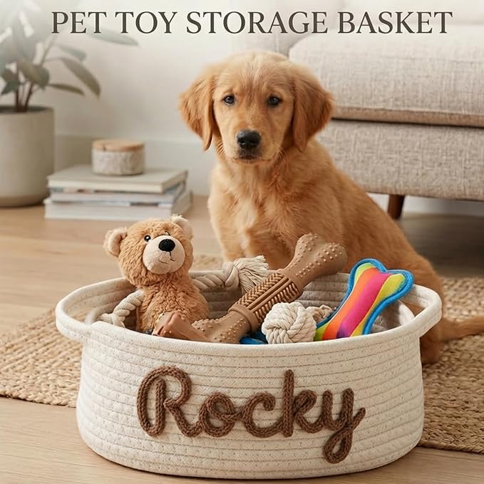 Personalized Woven Gift Basket Empty for DIY Hampers | Custom Embroidered Name Storage Bin for Baby Nursery, Pet Toys - Diaper Caddy Organizer - Cotton Rope Cats Bed