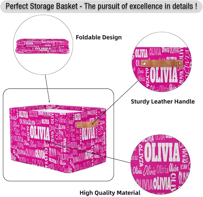 Custom Foldable Storage Basket with Name, Laundry Hamper Deep Pink | Organizing Boys Girls Pets Toys Closet Shelf Clothes Books