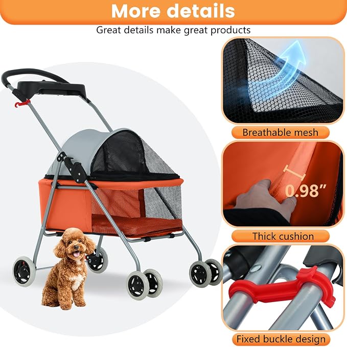 BestPet Foldable Pet Stroller for Small/Medium Dogs and Cats Up to 33 lbs | 4-Wheel Stroller Pet Strolling Cart w/ Breathable Mesh, Lockable Rear Wheels, Cup Holder/Tray & Storage Box, Orange