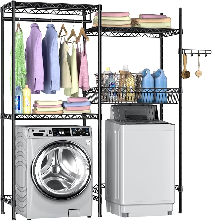 Golpart Laundry Organizer Shelves Over the Washer and Dryer Storage Shelf | Heavy Duty Laundry Room Organization Clothes Drying Rack Adjustable Height Wire Shelving and Wire Basket with Hanger Rod
