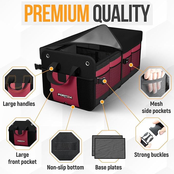 FORTEM Trunk Organizer - Collapsible Car Organizer & Storage Bag for SUVs | Car Accessories for Men & Women, Cooler Bag, Non Slip Bottom, Straps, Soft Cover, 1680D Oxford, 3 Compartments, Red, 50L