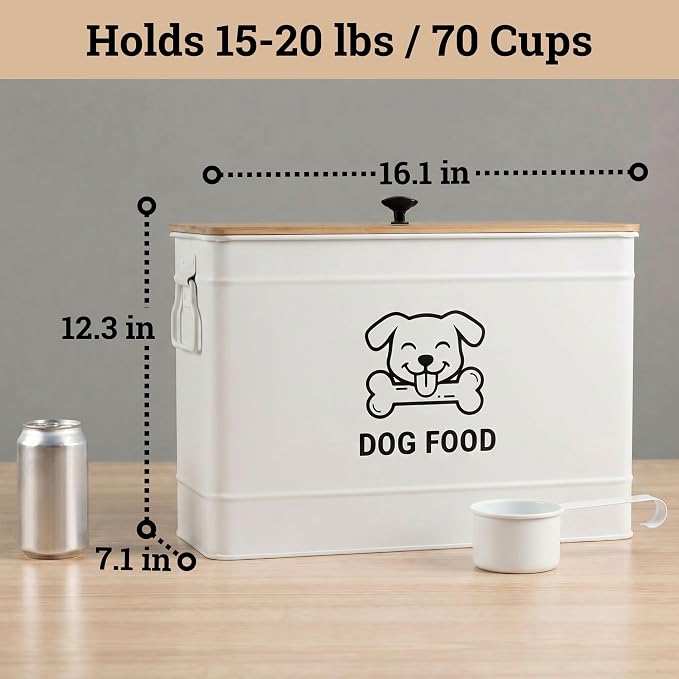 Metal Dog Food Container 15-20 lbs w/ Airtight Bamboo Lid, 70 Cup Capacity | Pet Jar For Dogs up to 100lbs, Airtight Bamboo Lid, Sturdy Comfortable Metal Handle, Powder Coated Iron, Kibble Storage Bin