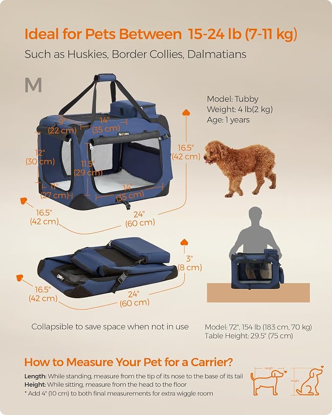 Feandrea Collapsible Soft Dog Crate, Portable Travel, 24 Inches | Dog Carrier Kennel with Safety Zippers for Living Room, Car, Travelling, Dark Blue UPDC60Z