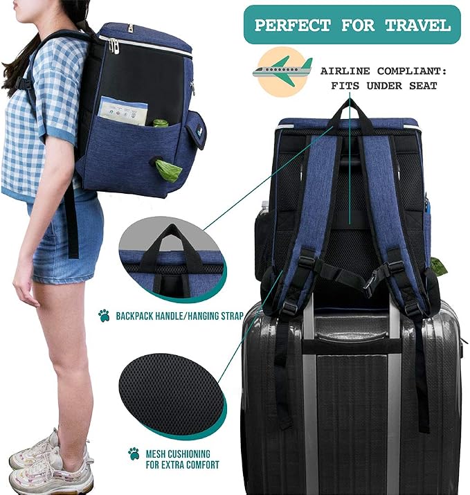 PetAmi Dog Travel Backpack 27L Airline Approved Pet Supplies Bag, Navy Blue | Cat Traveling Suitcase Organizer for Weekend Road Trip Camping; 2 Food Containers, 2 Collapsible Bowls & Poop Bag Dispenser