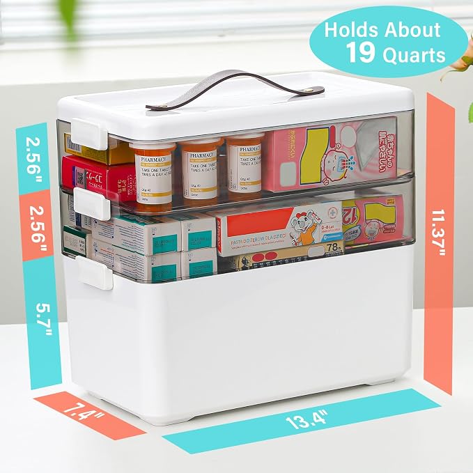 Homaigie Extra Tall 3-Tier Medicine Cabinet Organizer for Medicine Bottles Organizer, Portable Medicine Storage Box with Leather Handle, Empty First Aid Kit Container for Home, Classroom
