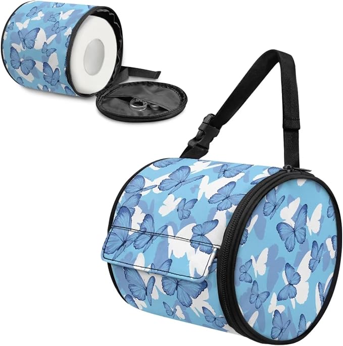 Blue Butterfly Hanging Paper Towel Roll Holder with Adjustable Strap Water Resistant Toilet Tissue Roll Dispenser Handy Toilet Paper Cover Storage Holder