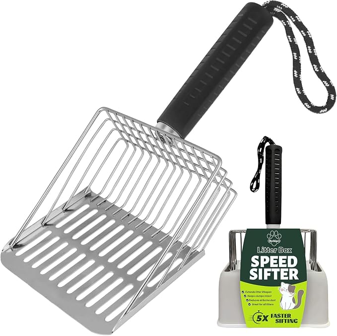[2026 Version]18/8 Stainless Steel Cat Litter Scoop-Efficient Metal Cat Litter Scooper with Holder, Heavy Duty Litter Sifter, Pooper Scooper Kitty Litter Box-Cat Scooper for Litter Box Cleaning