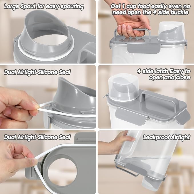 LEAWALK Cat Dog Food Storage Container Upgraded Large Nozzle, BPA-Free 5Lbs/6Qt/5L Plastic Pet Food Storage Container With 4 Sealed Clasps and Handle, Easy to Clean and Carry-2 Pack Gray+Green