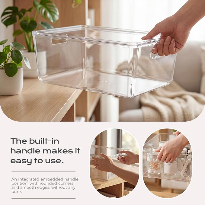 6 Pack Large White Storage Bins with Lids, PET Plastic Pantry Organizers and Storage Containers for Kitchen, Fridge, Bathroom, Office (Clear)