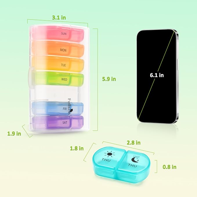 Fullicon Large Medicine Pill Organizer 2 Times a Day, AM PM 7 Day Travel | Each Compartment Holds 6 Fish Oils or 10 Vitamins, One Finger Open Lid, Double Secure Lock, Sturdy Hinges, Clear Rainbow