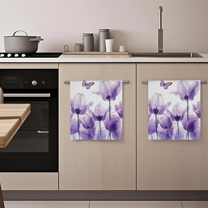 Purple Tulips Butterfly Floral Hand Towels,Set of 2 Absorbent Bath Towel Kitchen Dish Towel Home Gym Hotel Bathroom Decor,16x24 Inches