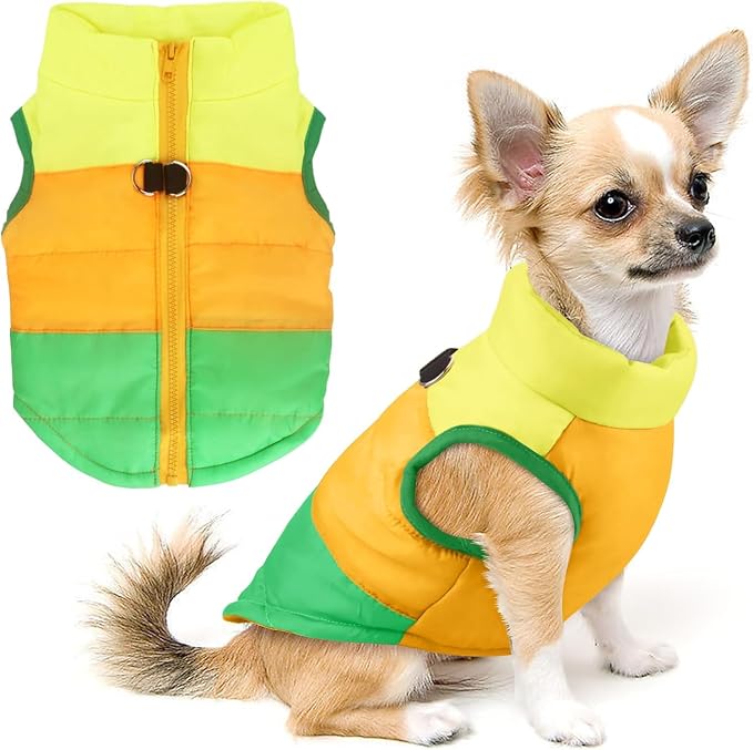 Idepet Pet Dog Cat Coat with Leash Anchor Color Patchwork Padded Puppy Vest Jacket Teddy Chihuahua Costumes Pug Cloth XS S M L(XX-Large,Green)