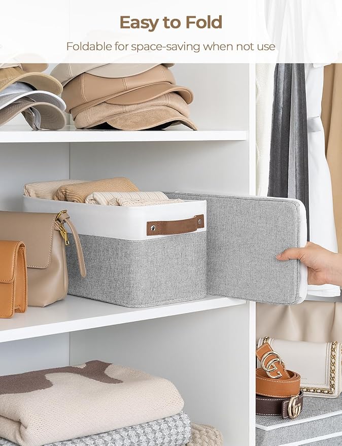 StorageWorks Narrow Storage Bins, Gray and White, 2-Pack | With Metal Frame, Sturdy Structure, PU Handles, Toilet Paper Storage, Small Storage Bins, For Bathroom, Closet, Shelf