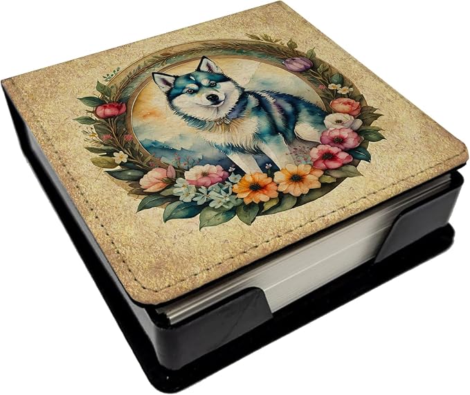 Caroline's Treasures Alaskan Klee Kai and Flowers PU Leather Note Paper Holder with Artist-Designed Cover, Desk Accessory, Office Gift