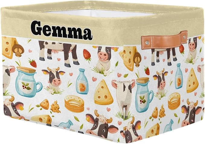 Custom Storage Basket, Personalized Name Rectangle Organizer Bin Cartoon Cow Cheese Milk for Pet/Children Toys, Books, Clothes, Perfect for Rooms/Playroom
