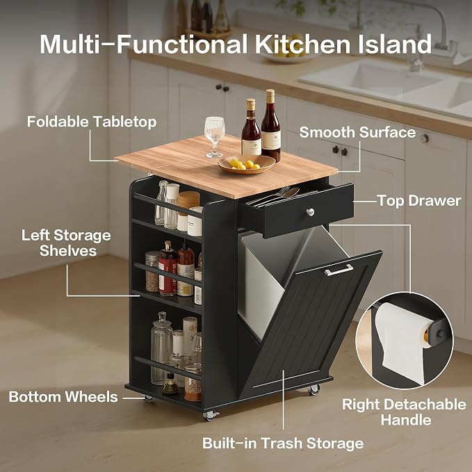 Kitchen Island, Island Table for Kitchen, Kitchen Carts on Wheels with Storage, Hidden Tilt Out Trash Cabinet