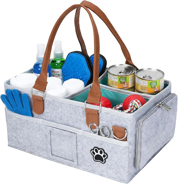 Felt Dog Grooming Bag, Pet Portable Tote Bag with Handle, Dogs Storage Organizer, 3 Compartments Caddy with 8 Pockets, Ideal for Dog Cat Grooming Tool Kit/Diaper/Blanket/Pads-Gray