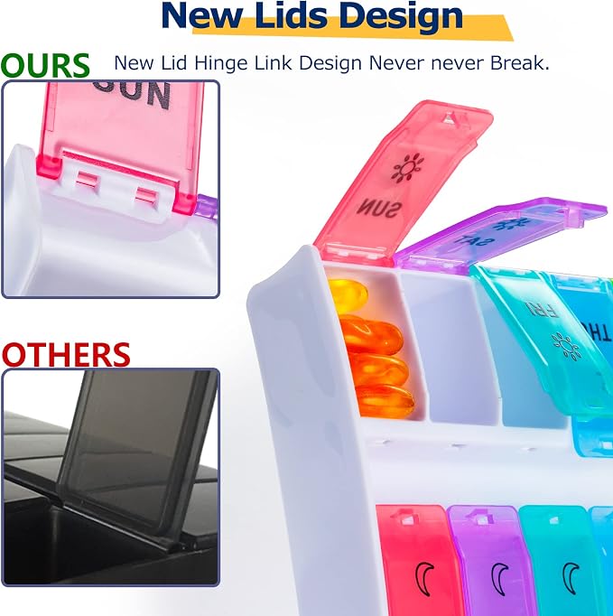 Mossime XL Pill Organizer 2 Times a Day, 7 Day Am Pm Pill Box | 2 Times a Day, Weekly Am Pm, Hinged Lids, 7 Day Medicine Vitamin Case