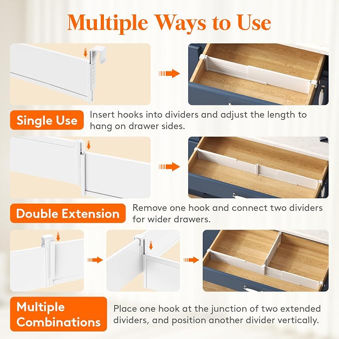 Lifewit 3.1" High 6 Pack Hanging Kitchen Drawer Dividers, 26-42cm/10-17 Adjustable Drawer Organizers for Utensils, Expandable Dresser Separators in Kitchen/Bedroom/Bathroom/Vanity/Office White