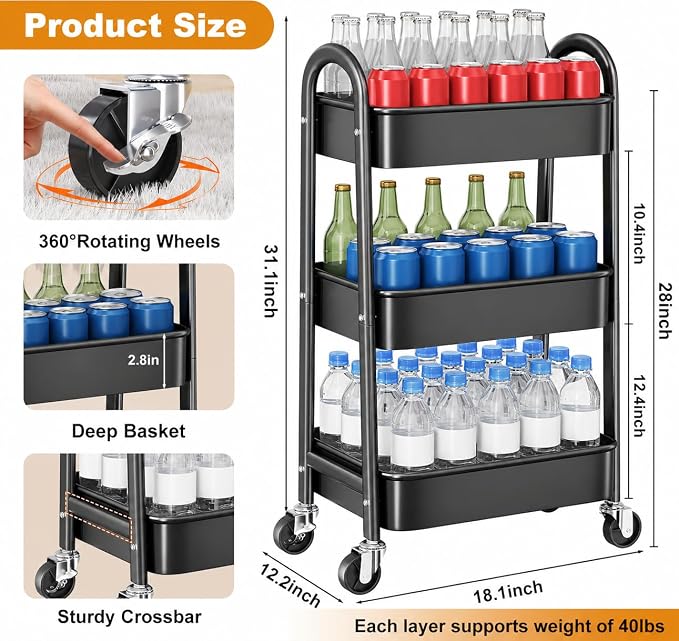 3 Tier Metal Rolling Cart Organizer, Black Utility Storage Cart with Wheels | Three Tiered Utility Roller Shelf for Craft, Art Supply, Snack, Laundry, Bathroom, Baby Essentials, Diaper Caddy, Nursery