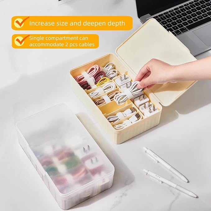 Cable Organizer Box Extra Wide, Travel Charger Cord Earphone Storage Case with Lid (Cream Yellow)