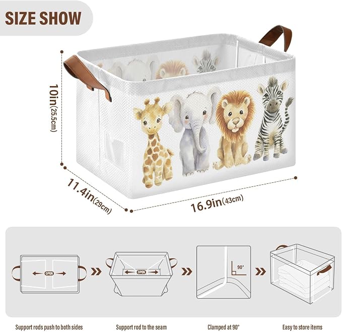 Watercolor Jungle Animal Cute Wildlife Storage Basket for Baby with Handles&Label Rectangular Waterproof Nursery Storage Bins Collapsible Organizer Baskets for Kids Cloth Gift Toys Laundry Shelf, 2 PC