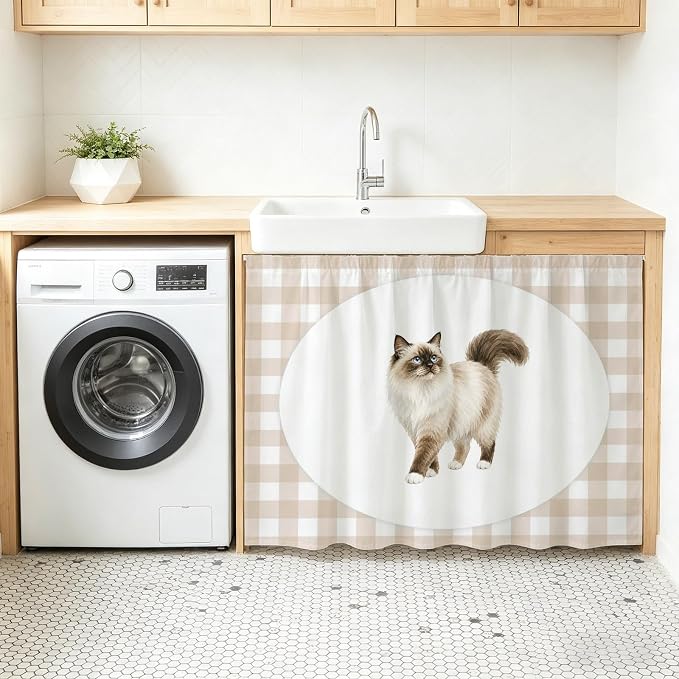 Ragdoll Cat Sink Skirt 11"Wx13"L,Dustproof Under Sink Curtain with Self Adhesive Tape,Modern Linen Plaid Farmhouse Pet Cats Cabinet Curtain Cover for Bathroom Vanity,RV,Kitchen Cabinet Storage Shelf