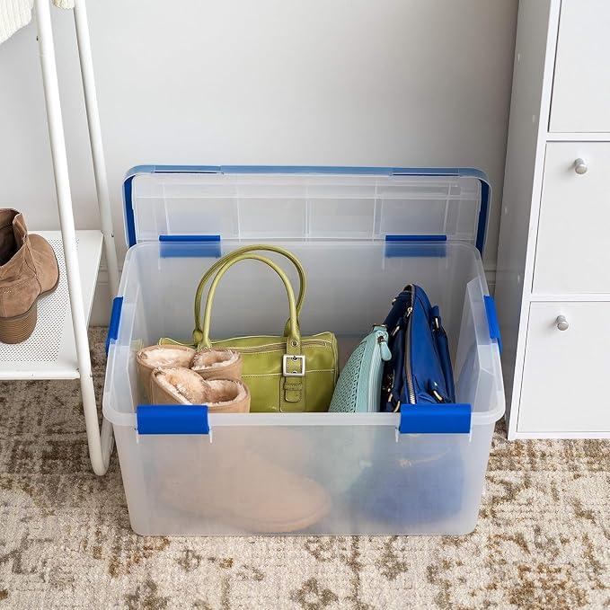 IRIS USA 3-Pack 60 Qt Storage Bins with Gasket Lids, Clear/Blue | WeatherPro seal helps protect bulky items for moving, garage, attic and basement storage