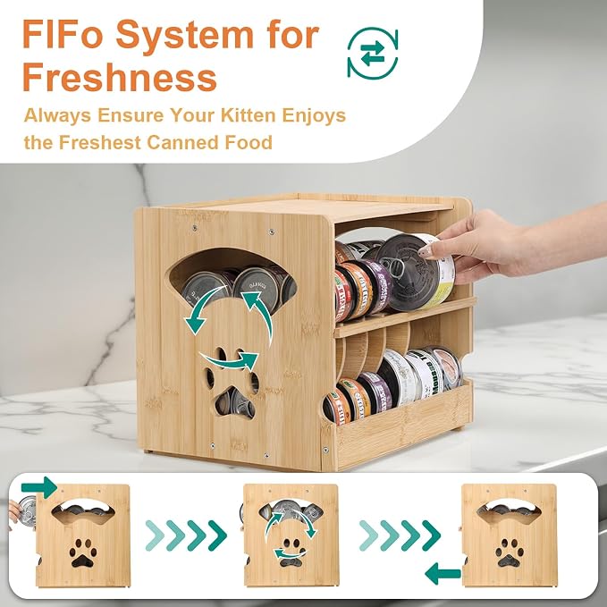 Bamboo Cat Food Can Organizer. Upgraded 2-tier stackable design Holds 42 (3oz) cans. Perfect for pantry/kitchen Durable & space-saving pet food storage rack (Small)