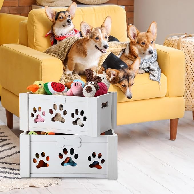 Briwooody 3 Pack Dog Toy Bin Wood Large Dog Toy Basket with Handle and Bone Tags Multi-size Hollow Claw White Wooden Storage Crates for Chew Pets Blankets Food Leash Display Accessories