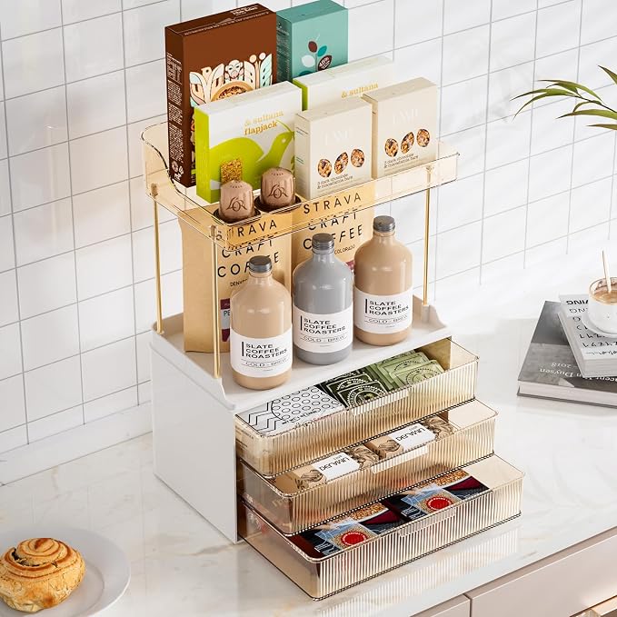 Delamu 5-Tier Makeup Organizer, Bathroom Counter Storage, 3 Drawers, Amber | Elegant Vanity Organizer Gift for Women, Holds Perfume, Skincare, Nail Polish & Hair Accessories for Bathroom Countertop